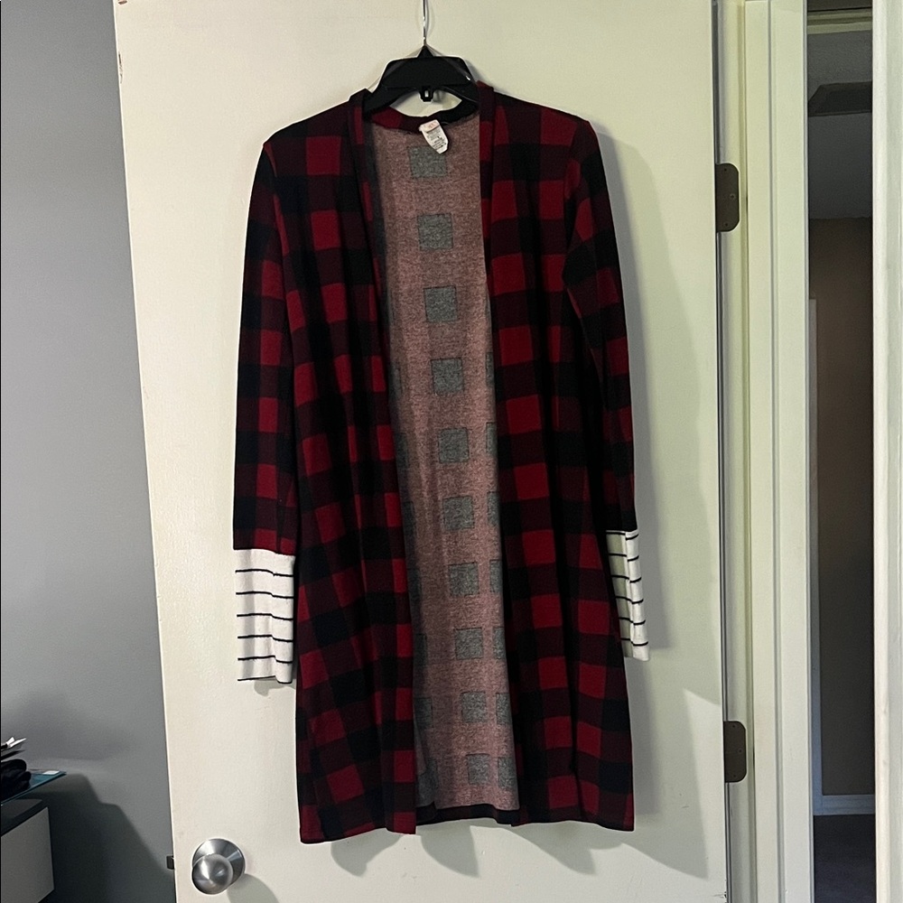 Red and Black Plaid Open Cardigan